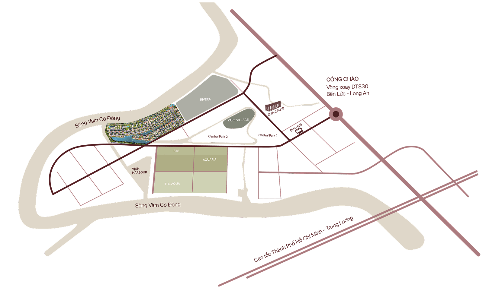 Aerial map view of The Pearl's strategic location along Vam Co Dong river