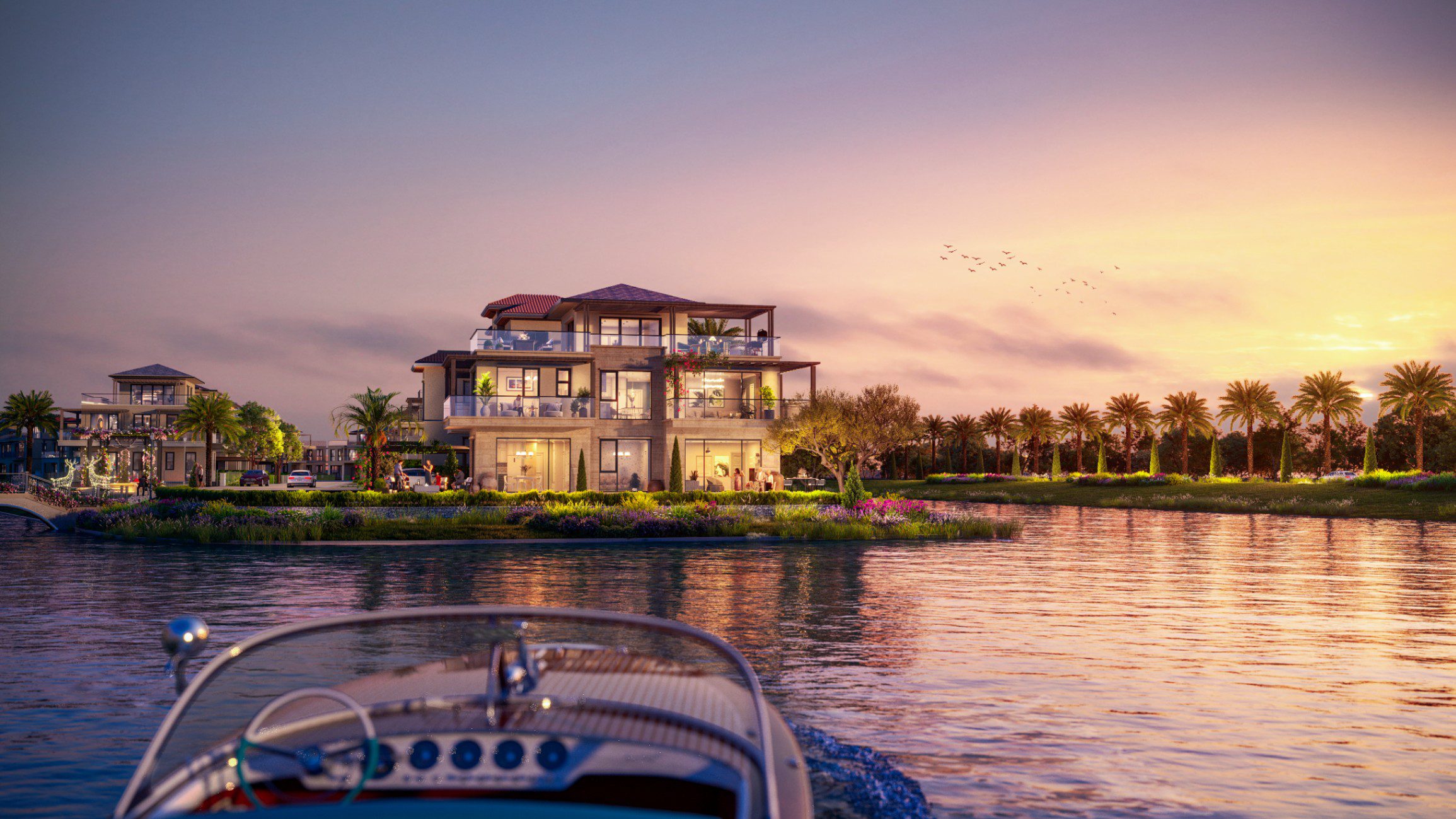Luxury waterfront property background