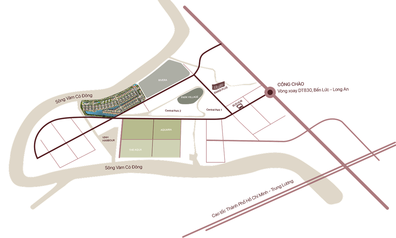 Aerial map view of The Pearl's strategic location along Vam Co Dong river